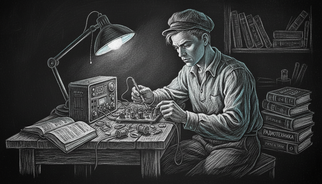 Молодой Бабакин паяет радиоаппаратуру при свете лампы