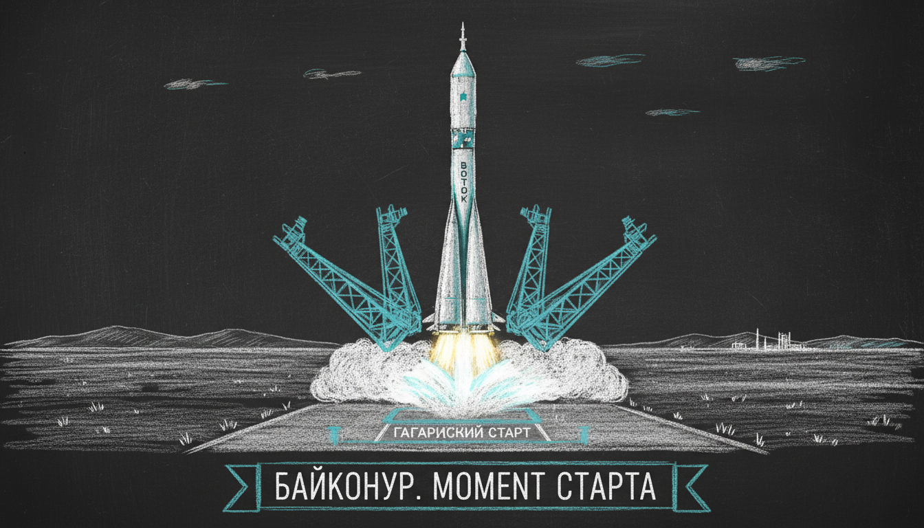 Гагаринский старт — ракета Р-7 на стартовом столе с раскрывающимися лепестками